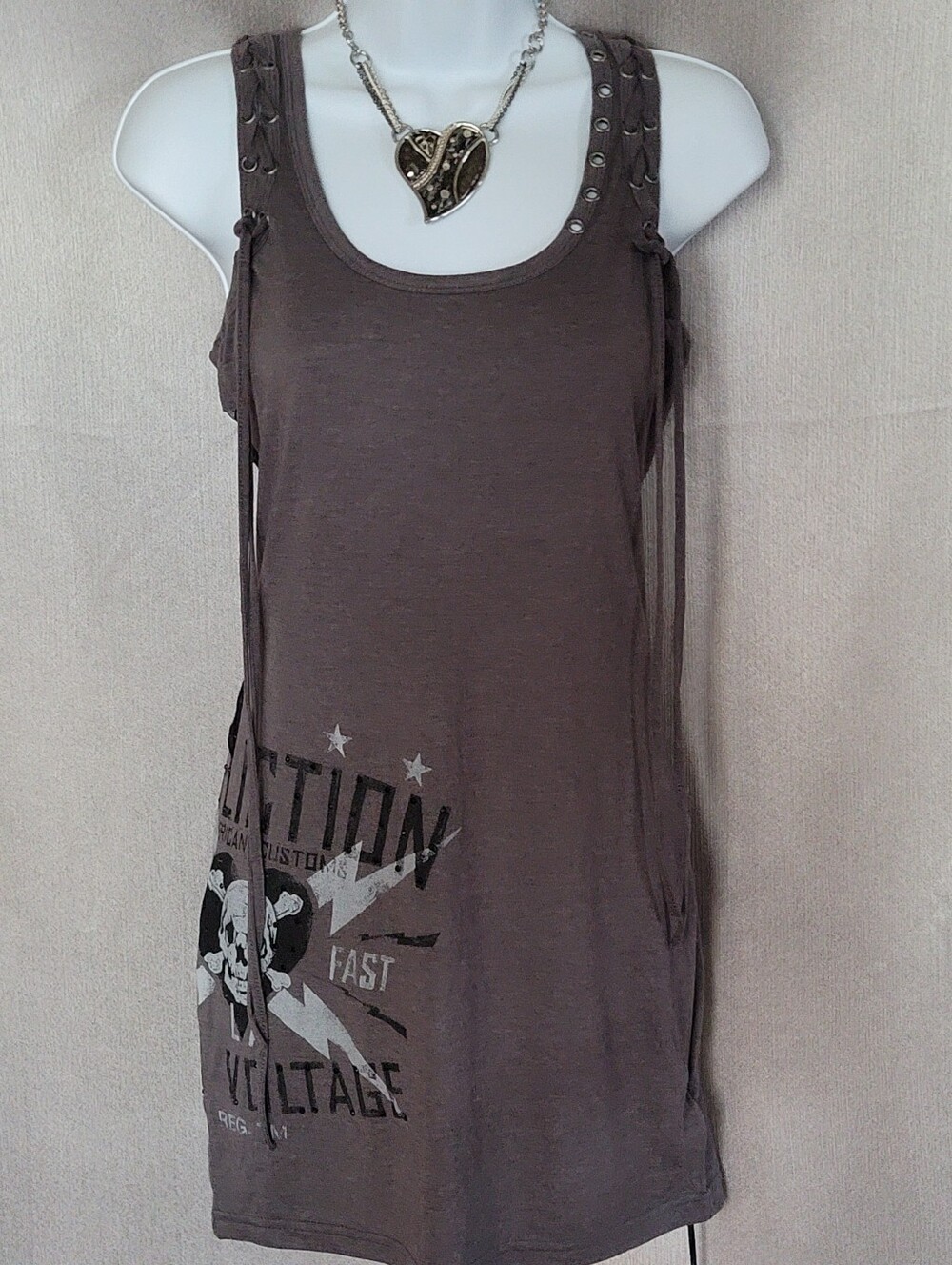 Women’s Brown Graphic Tank Top with Stud Details